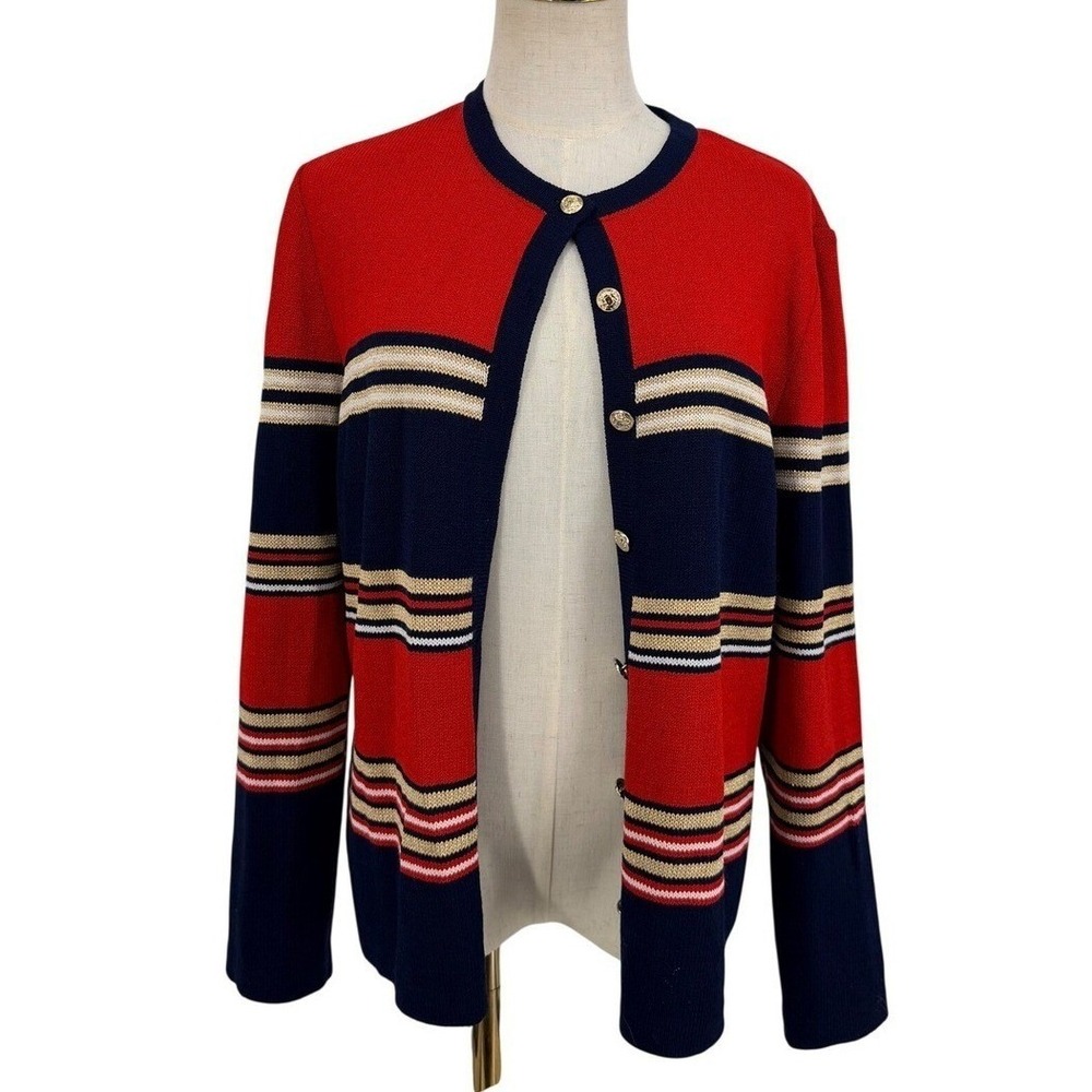 St. John Sport Cardigan M Red Navy Striped Gold USA Santana Knit Yacht Old Money